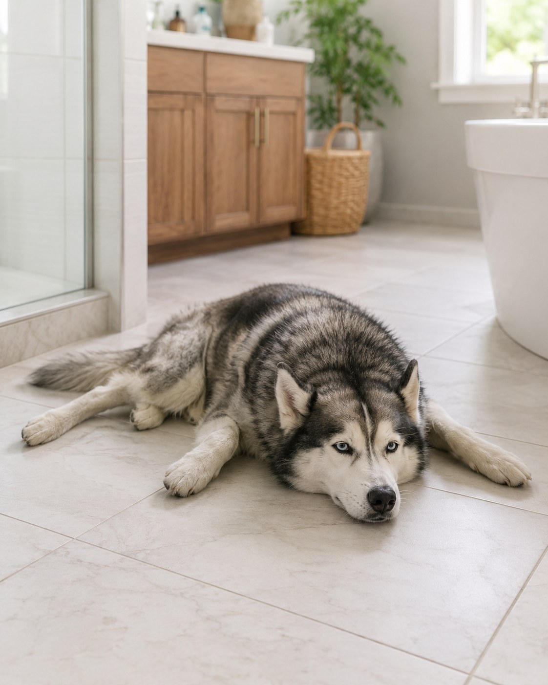 Husky lying on cool bathroom tile