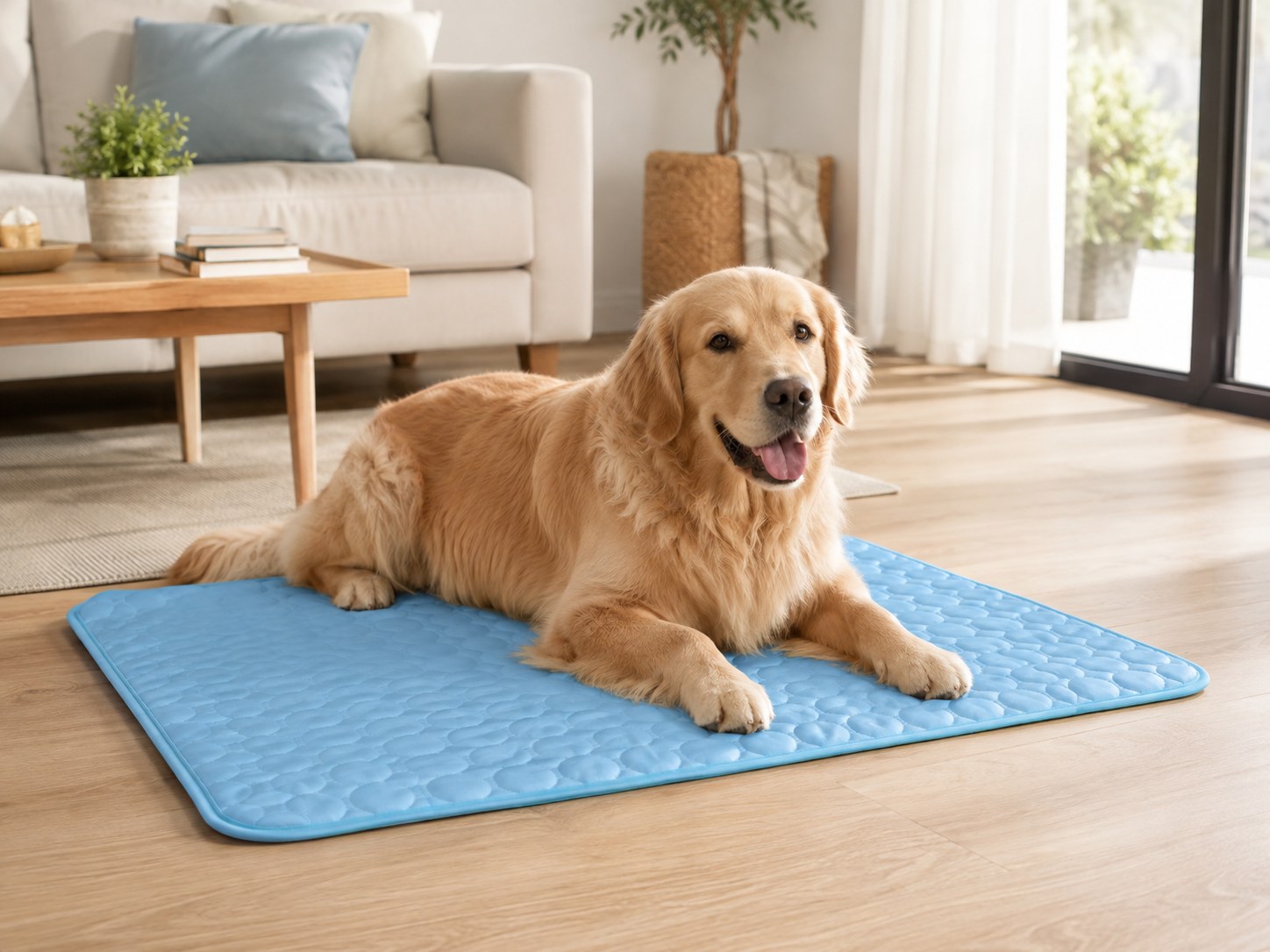 A golden retriever resting on a blue Chilloof cooling mat in a sunlit living room